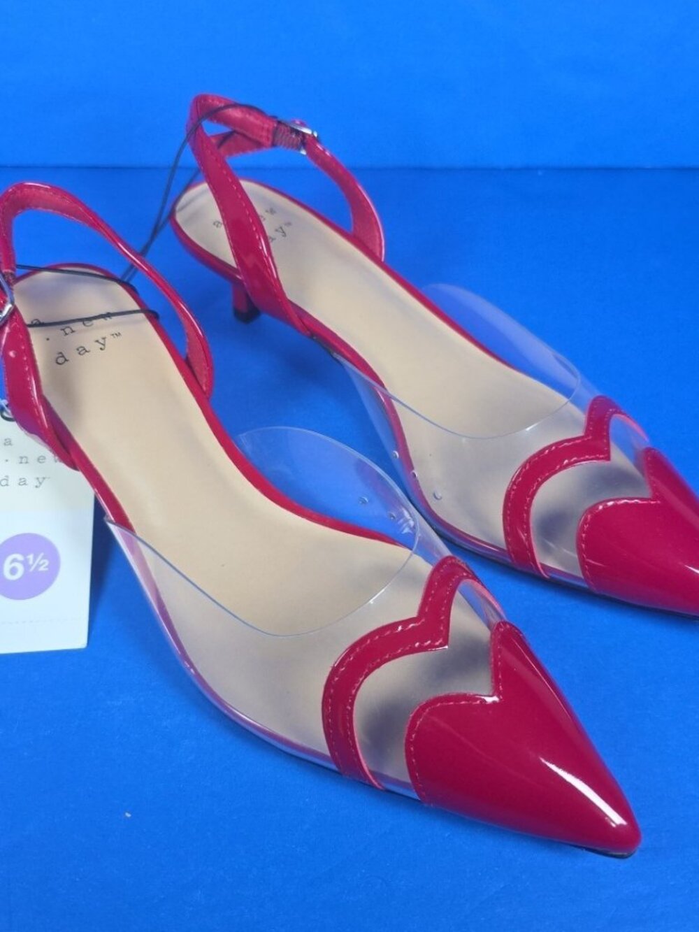 A New Day Shoes Women Red Clear Pointed Toe Heel Eleanor Heart Detail Size 6 1/2